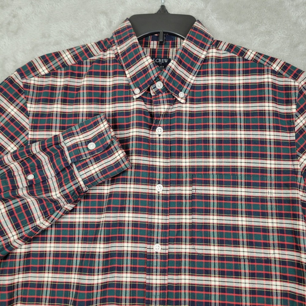 J Crew Flex Oxford Button Down Shirt Mens Medium Slim Fit Red Green Plaid Casual